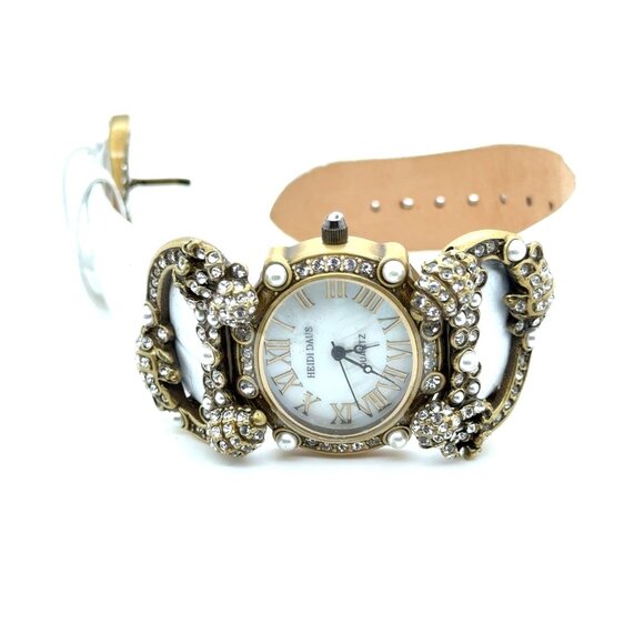 Heidi Daus White Leather Band Pearl/Crystals Watch - Picture 1 of 10